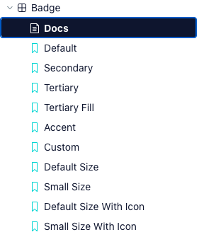 the sidebar showing the individual canvases for the Badge component.